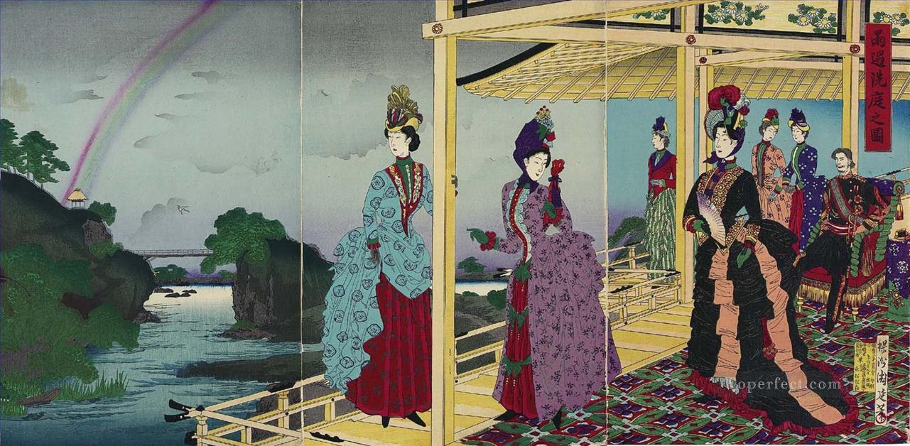 illustration of the garden refreshed after the rain 1888 Toyohara Chikanobu bijin okubi e Oil Paintings
